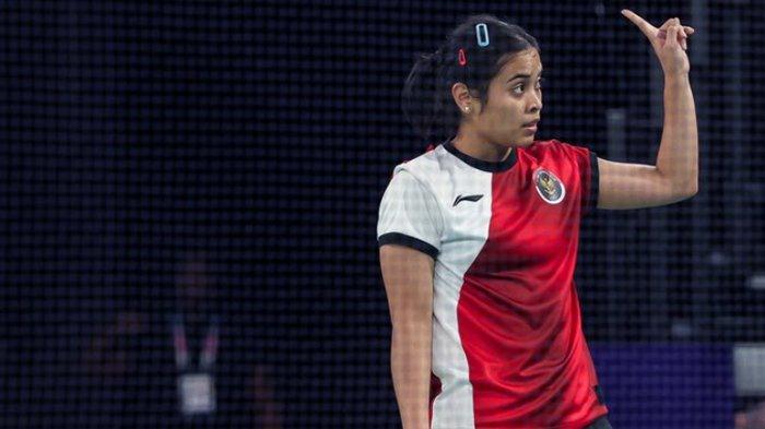 Wakil Tunggal Putri Indonesia Gregoria Mariska Tunjung  saat tampil di panggung Olimpiade Paris 2024. 