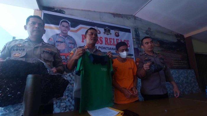 Kapolsek Pontianak Utara, AKP Suryadi (dua dari kiri) saat memberikan keterangan terkait pengungkapan kasus pembakaran pabrik karet di Mapolsek Pontianak Utara oleh karyawannya sendiri, SI (bermasker) Sabtu 8 Juli 2023.