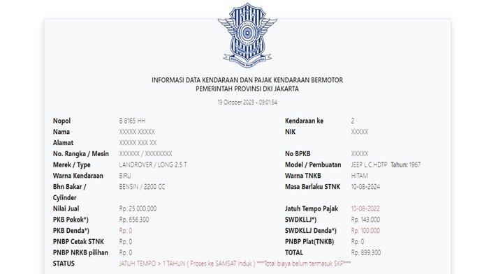 Tangkapan layar data samsat-pkn2.jakarta.go.id untuk plat mobil yang dikendarai Anies-Muhaimin ke KPU RI