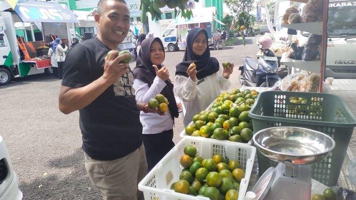 Asep Kinkin, petani buah jeruk siem, saat mengikuti bazar di Dinas Pemberdayaan Masyarakat dan Desa, Kabupaten Tasikmalaya, Jumat (23/8/2024).