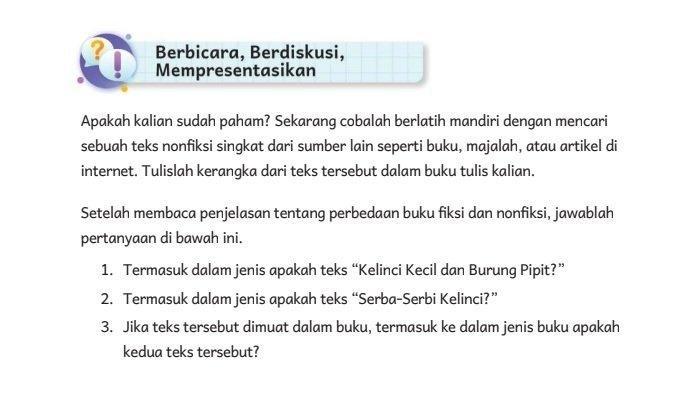 Kunci jawaban Bahasa Indonesia Kelas 5 halaman 40 Kurikulum Merdeka. Terdapat soal seputar perbedaan buku fiksi dan non fiksi pada tugas Berbicara, Berdiskusi, Mempresentasikan bab 2. (Buku Bahasa Indonesia Kelas 5 Kurikulum Merdeka)