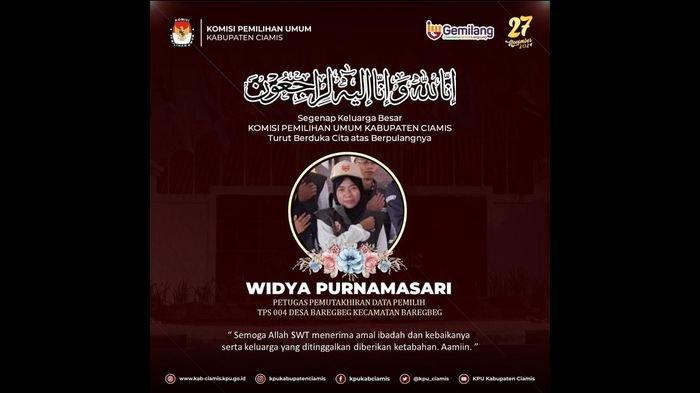 Salah seorang petugas Pemutakhiran Data Pemilih (Pantarlih) untuk Pilkada 2024 asal Kecamatan Baregbeg, Kabupaten Ciamis bernama Widya Purnamasari meninggal dunia.