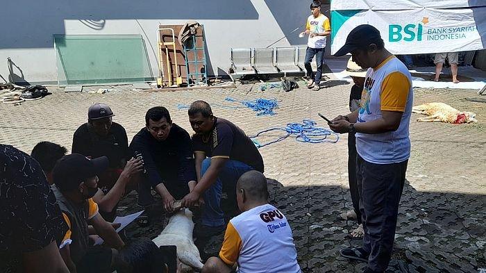 Tribun Jabar berkurban 1 ekor sapi dan 4 ekor domba di halaman Kantor Tribun Jabar, Jalan Sekelimus Utara No 2-4, Kota Bandung, Senin pagi (17/6/2024).