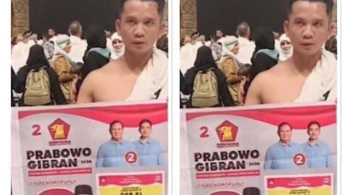 VIRAL Pria Diduga Kampanya Pilpres, Bentangkan Baliho Prabowo-Gibran di Depan Kabah (Tribun Jatim)
