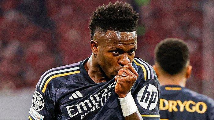 Striker Real Madrid Vinicius Junior seusai mencetak gol ke gawang Bayern Muenchen pada menit ke-23.