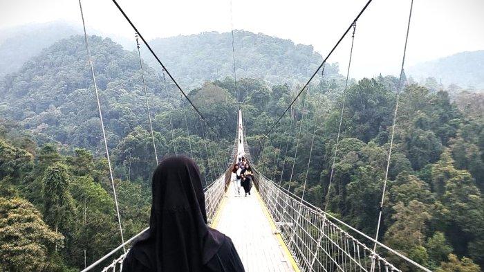 JEMBATAN GANTUNG LEMBAH PURBA - Wilujeng Sumping di Jembatan Gantung Lembah Purba. Tulisan besar berwarna putih berlatar cokelat kayu, terbaca di gerbang masuk saat kita menengadahkan mata di kawasan wisata Situ Gunung Sukabumi.