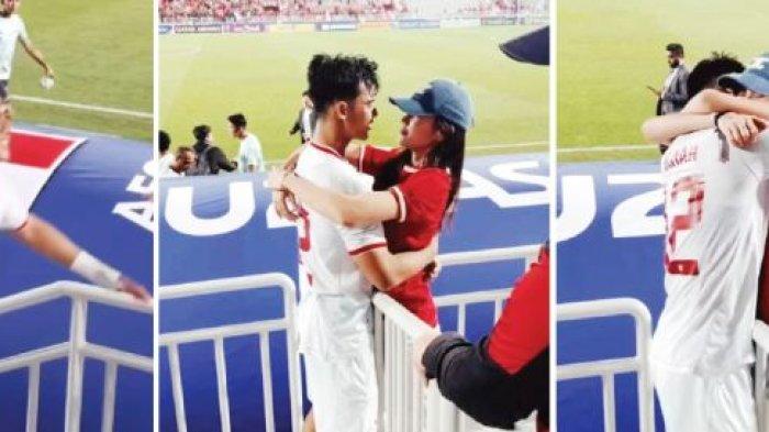 Selebrasi Pratama Arhan peluk Azizah Salsha usai Timnas Indonesia menang atas Korea Selatan di babak 8 besar Piala Asia U23 2024.