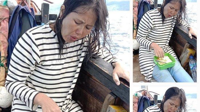Wanita penumpang KMP Aceh Hebat 2 yang melompat ke laut dan ditemukan selamat saat berada di atas kapal ikan nelayan dan sedang makan nasi dalam kondisi baik-baik saja. Foto beredar, Minggu (20/8/2023)
