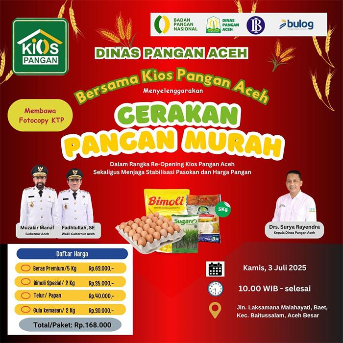 Besok, Dinas Pangan Aceh Adakan Gerakan Pangan Murah di Baet Aceh Besar, Ini Barang yang Dijual