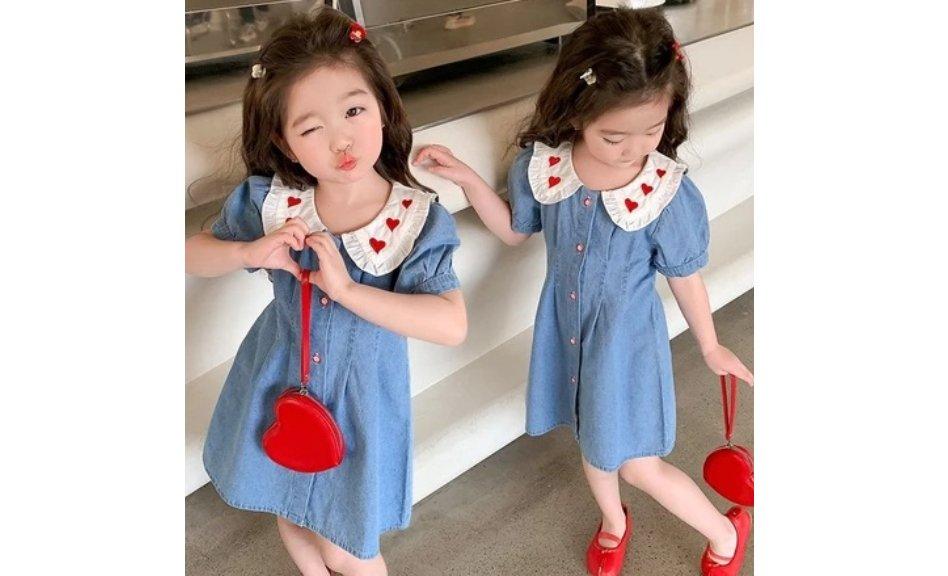 1-11 Tahun Dress Jeans Love Bordir Anak Perempuan Baju Denim Cewek