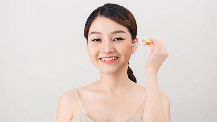 Ilustrasi kulit wajah cerah merata dengan skincare yang mengandung bakuchiol.