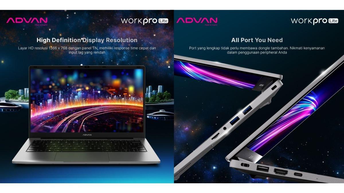 Ilustrasi layar dan konektivitas port di sisi laptop ADVAN WorkPro Lite