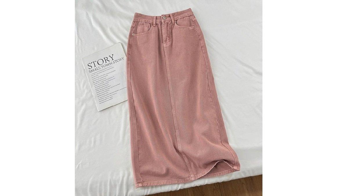 ANNE A-Line Rok Jeans Highwaist Rok Pink Cocok untuk Natalan