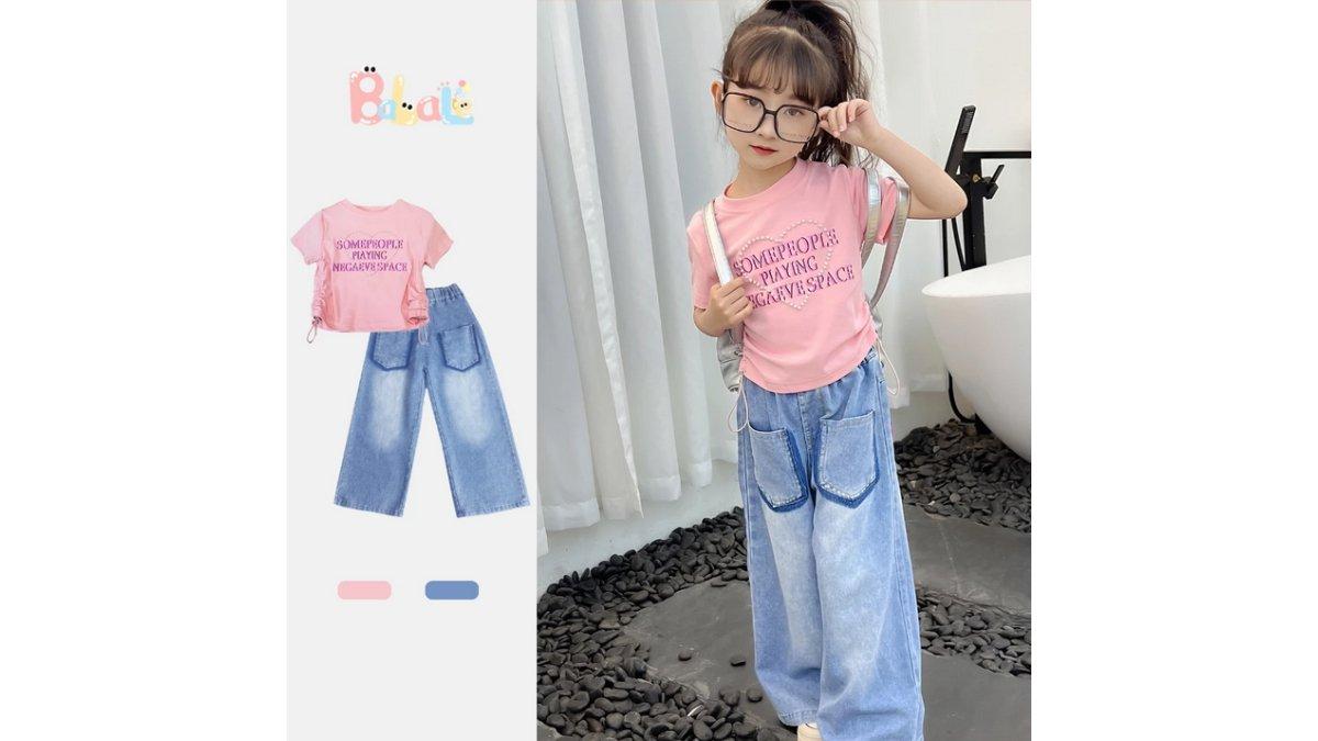 BALALE Setelan Jeans Anak Perempuan T-Sirt Lengan Pendek + Celana Jeans Korea