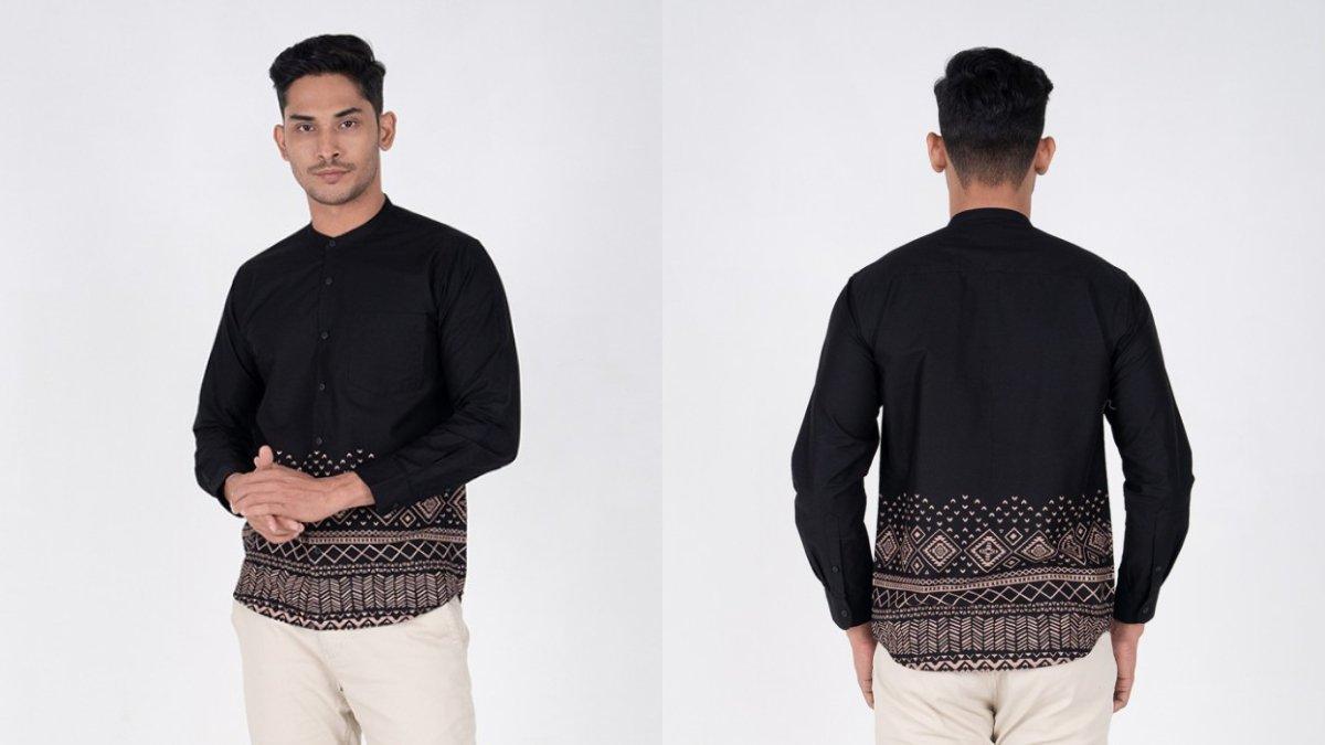 BENHILL Kemeja Koko Pria Cotton Printing Panjang Black