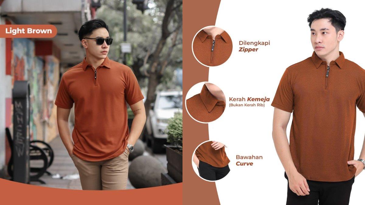 BROGUY Kaos Polo Shirt Pria Kerah Lengan Pendek Zipper - Light Brown