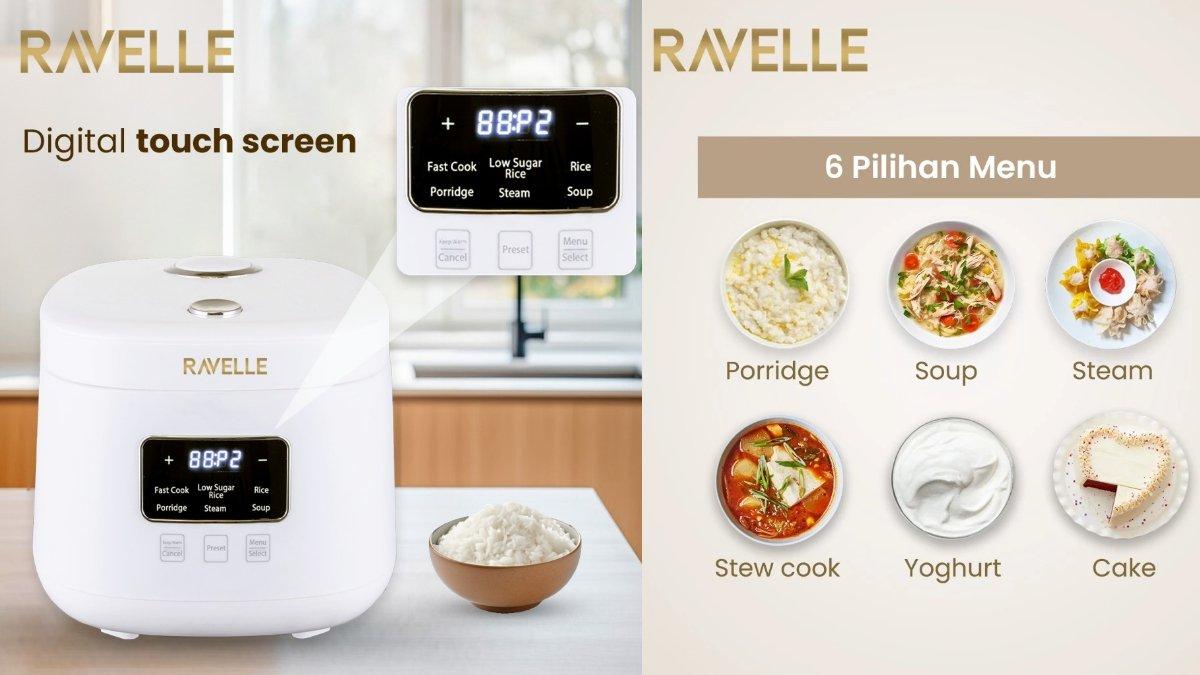 Berbagai fitur RAVELLE Rice Cooker Digital Low Carbo 0.8 Liter