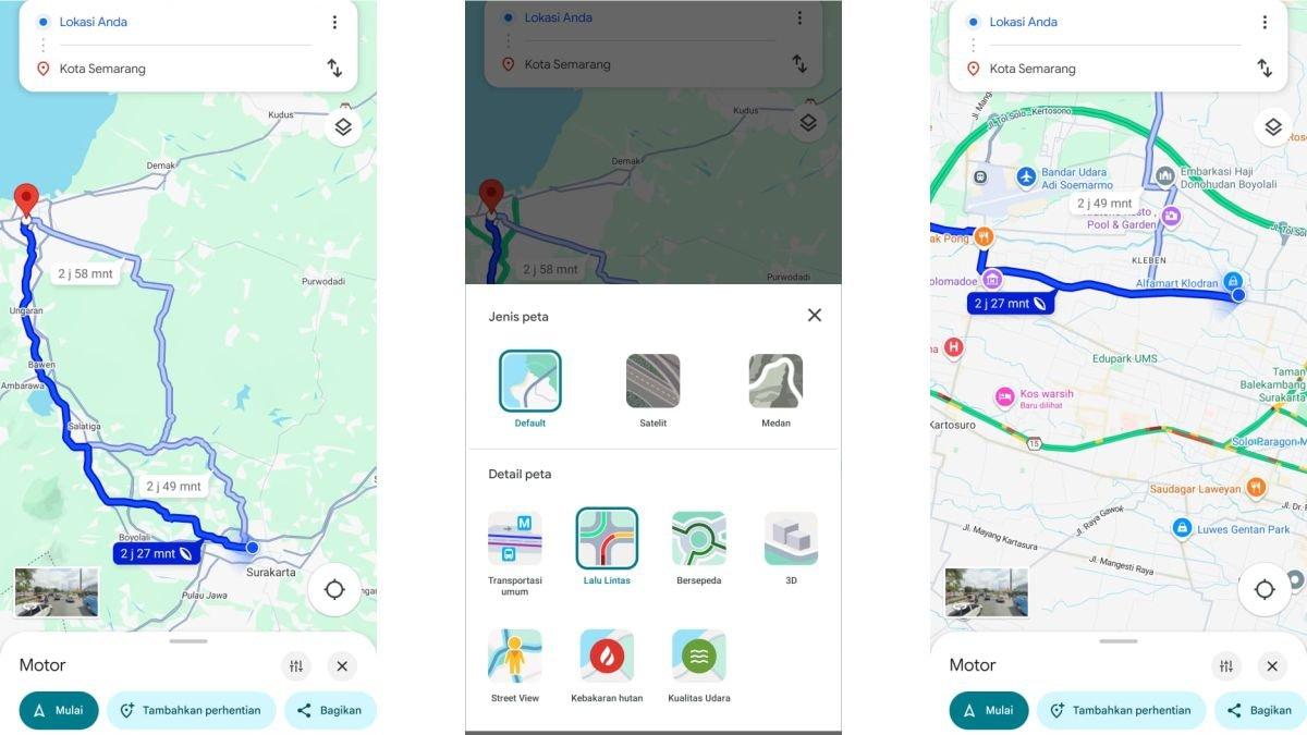 Tampilan cara mengecek kemacetan lalu lintas di Google Maps