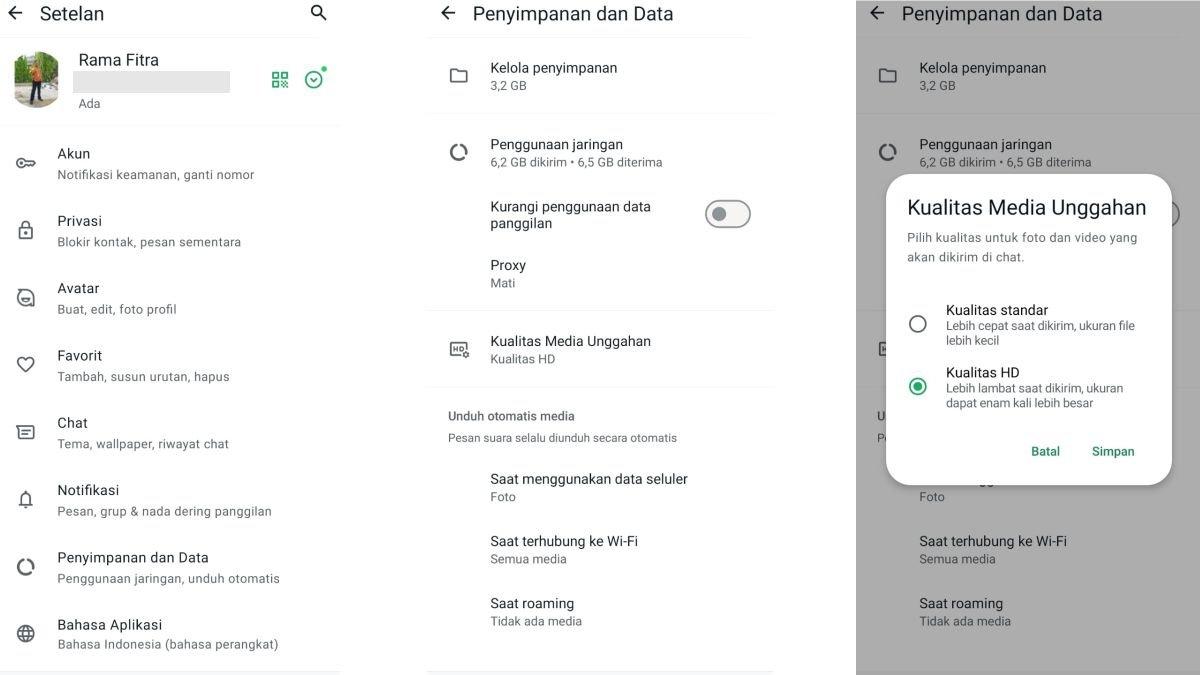Ilustrasi tampilan mengaktifkan opsi Kualitas HD untuk mengirim foto kualitas tinggi secara otomatis di WhatsApp