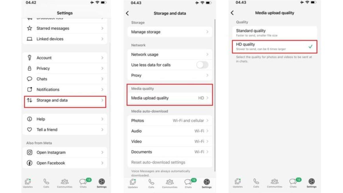 Ilustrasi tampilan mengaktifkan opsi pengiriman foto kualitas HD secara otomatis di WA iPhone