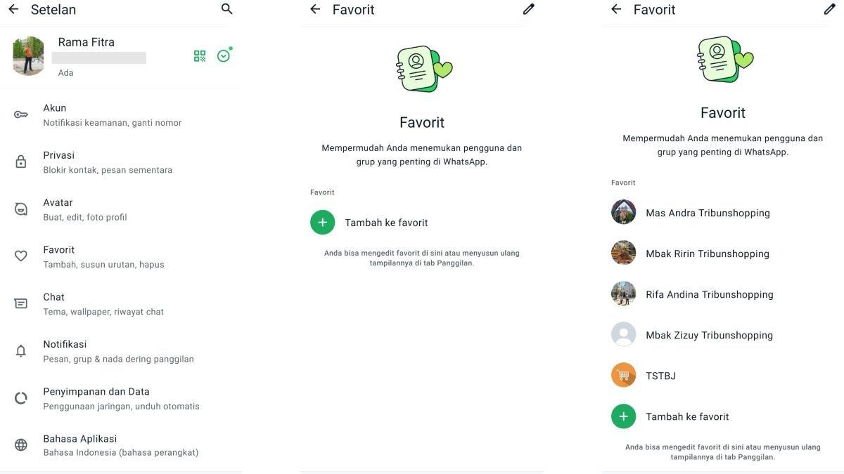 Ilustrasi menambahkan kontak dan grup ke daftar Favorit di WhatsApp