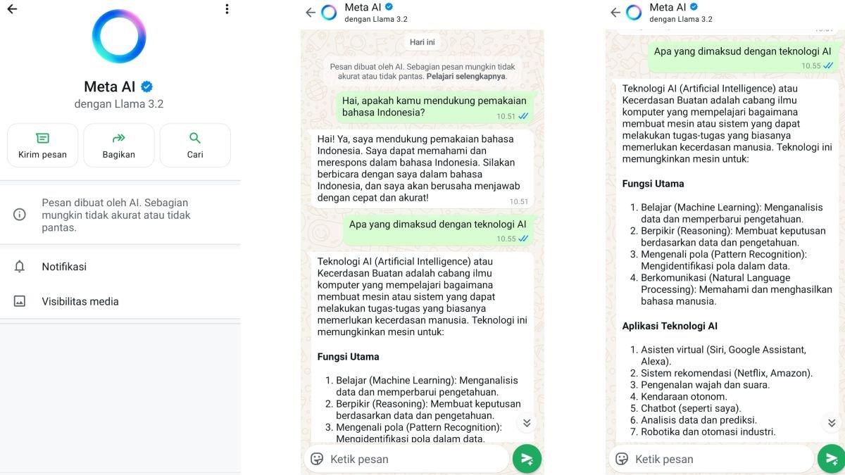 Ilustrasi menggunakan fitur chatbot Meta AI di aplikasi WhatsApp
