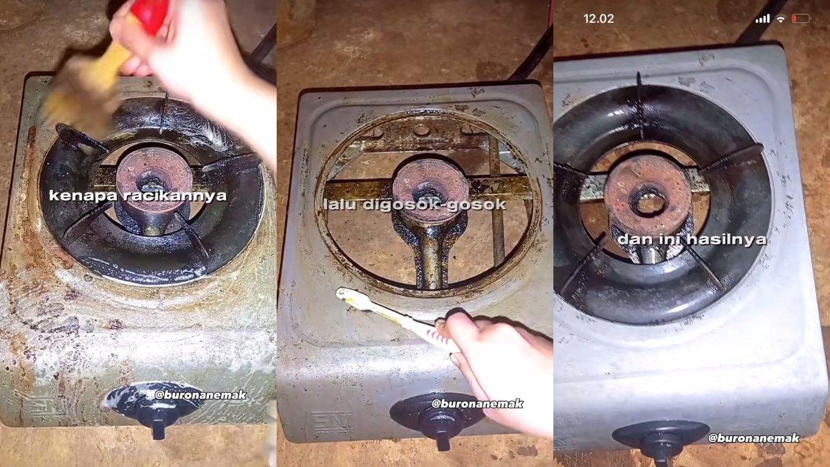 Cara pengaplikasian sitrun dan sabun cuci piring untuk mengatasi noda di permukaan kompor.