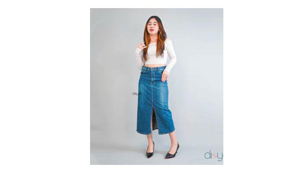 DISYAK - Rok Highwaist Midi Skirt Stretch Jeans Wanita Slit Depan Medium Blue 8512-8612