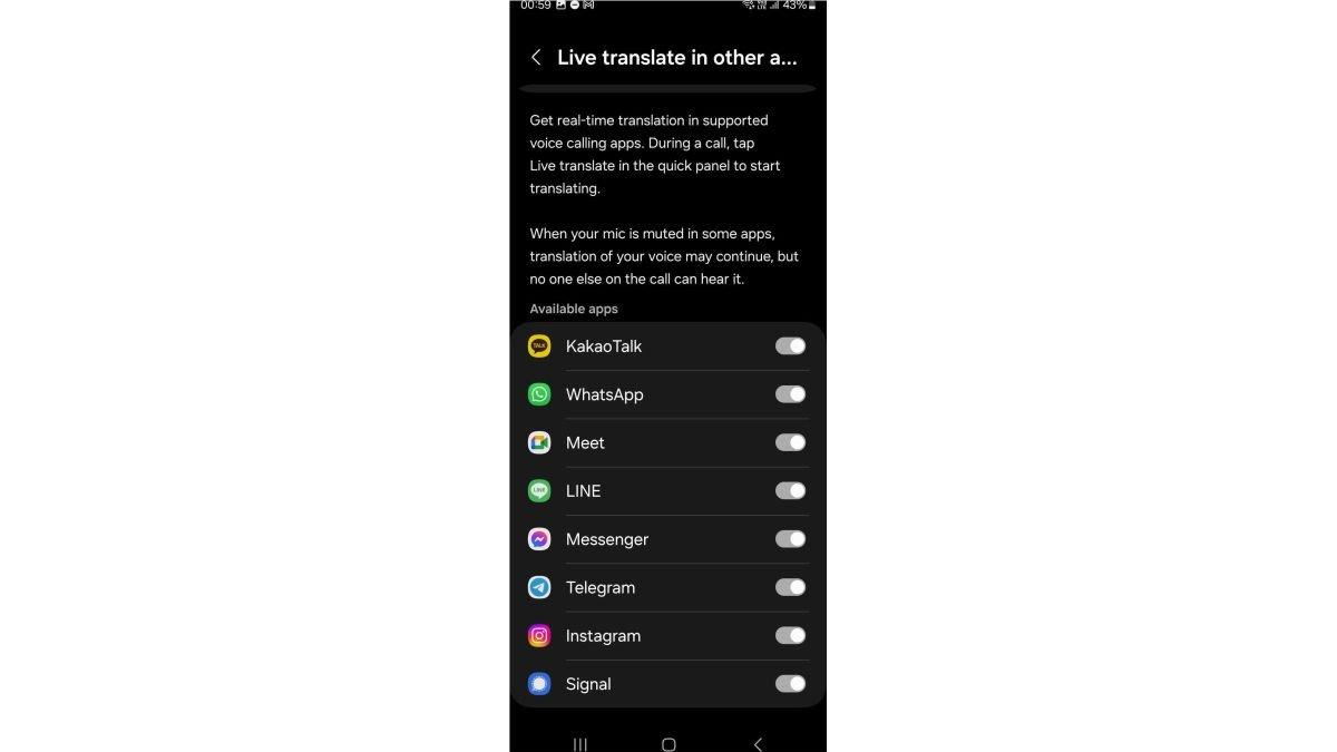 Tampilan daftar aplikasi yang didukung fitur Live Translate SAMSUNG di Galaxy AI