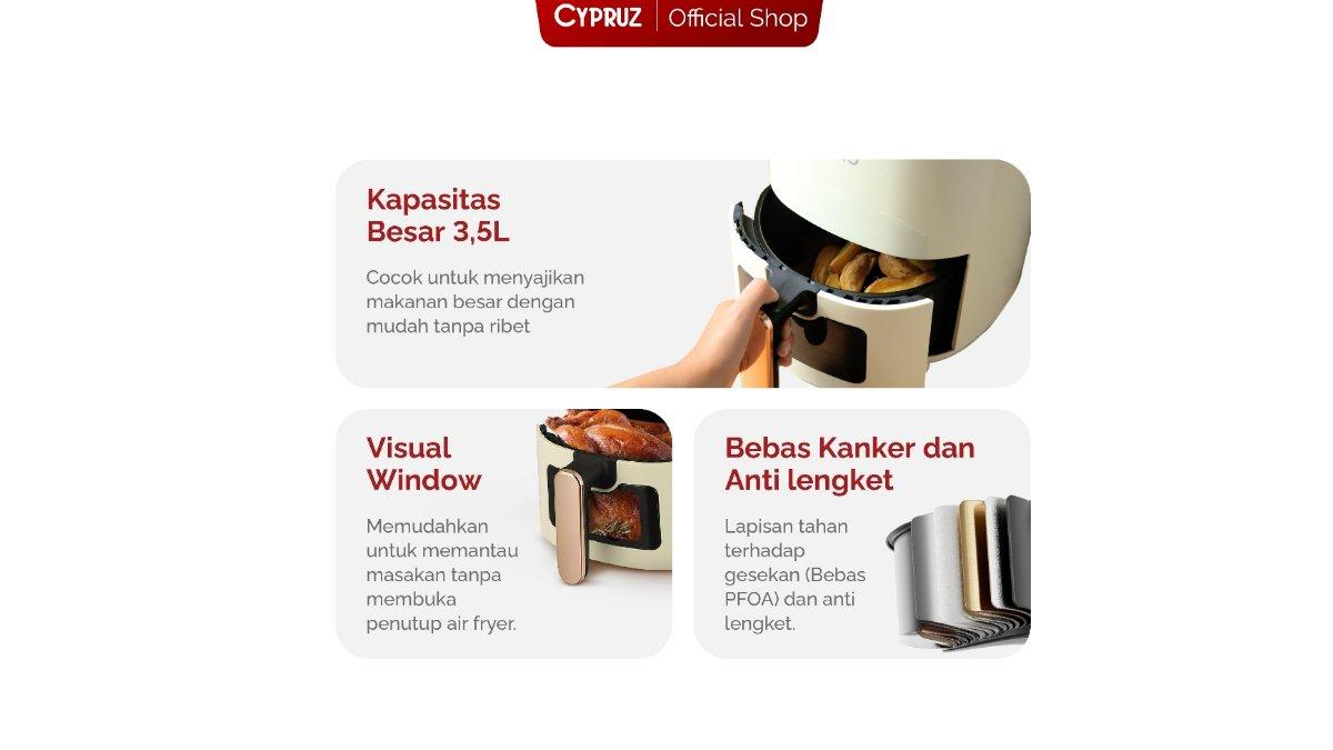 Keunggulan CYPRUZ Window Air Fryer Digital 3,5 Liter.