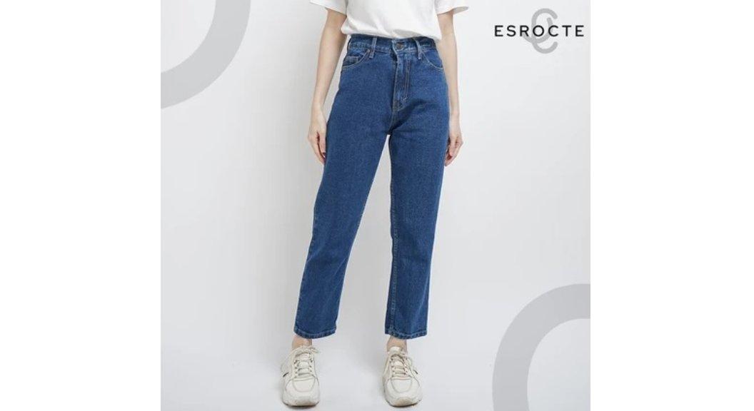 ESROCTE Celana Rubber Boyfriend High Waist Mom Jeans Wanita P43 - Navy 26-38