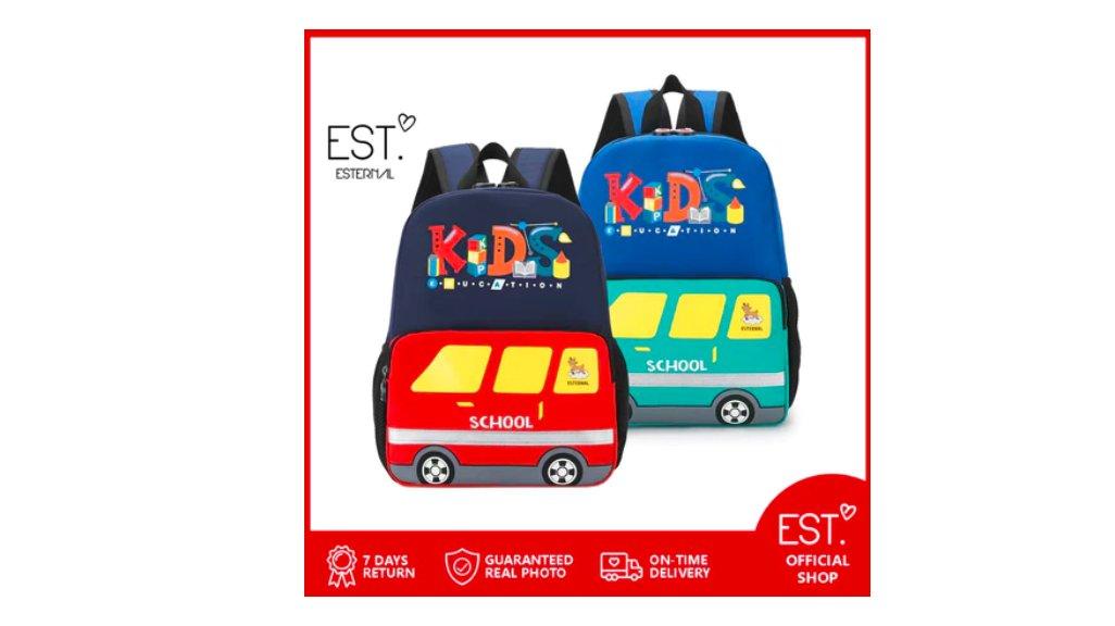 ESTERNAL - Tas Sekolah Anak Laki-Laki Mobil Bus PAUD TK SD School Bus Tas Ransel Anak