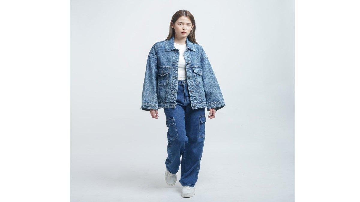 Esrocte Jaket Denim Jeans Wanita Oversize Lengan Panjang