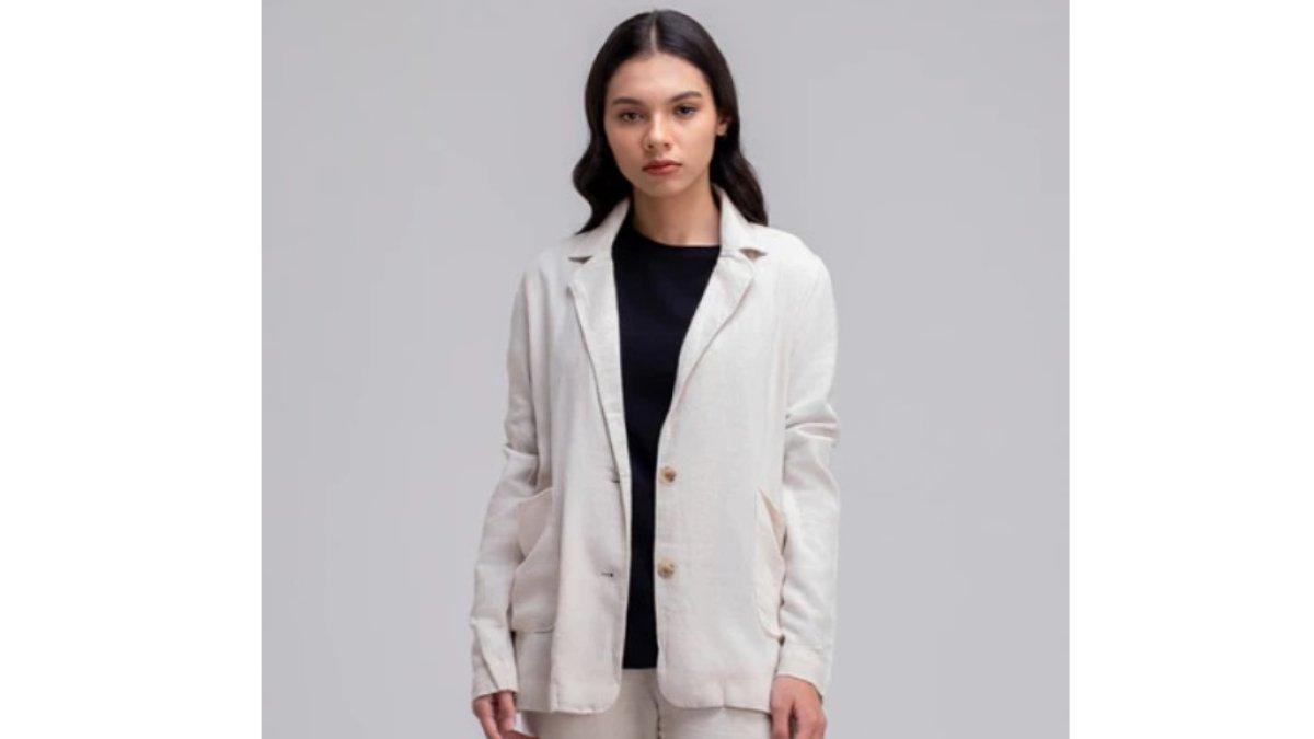 Famo Blazer Linen Rayon With Pockets Formal Outfit Outer Wanita Cream 010323