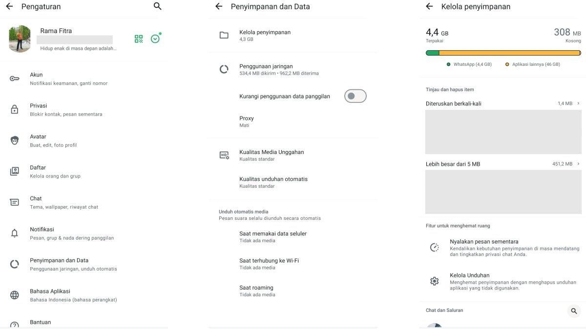 Tampilan fitur Kelola Penyimpanan di WhatsApp