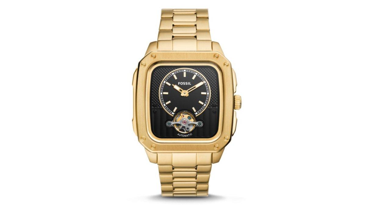 Fossil Inscription Black Square Yellow Jam Pria 42MM ME3239