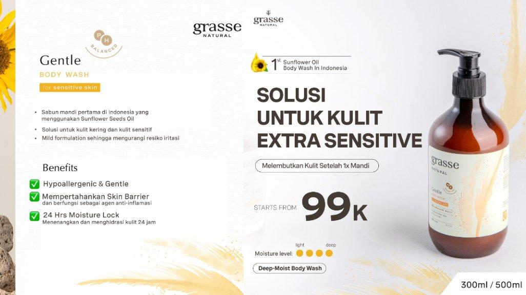Grasse Natural Gentle Hypoallergenic Body Wash diformulasikan khusus untuk pemilik kulit sensitif (ahopee.id)