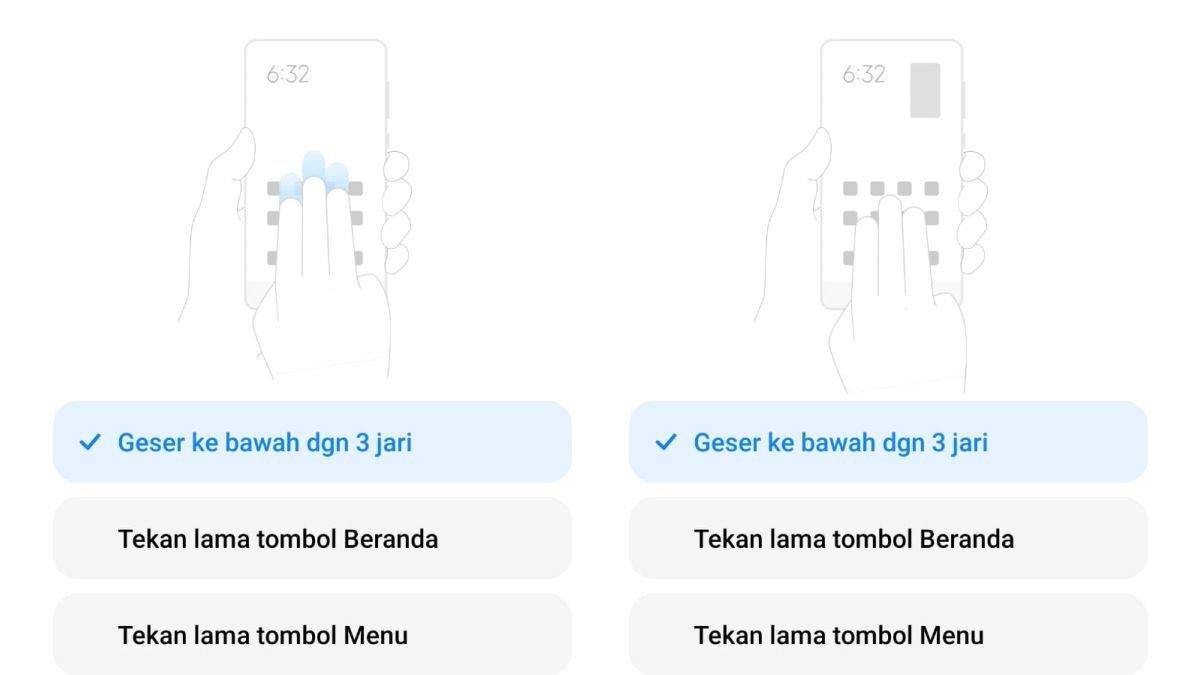 Ilustrasi gestur tiga jari untuk screenshot di HP Xiaomi