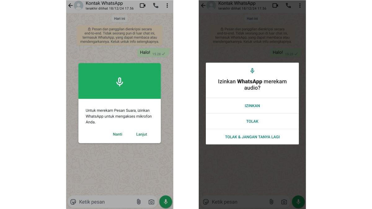 Ilustrasi memberikan perizinan akses mikrofon untuk aplikasi WhatsApp