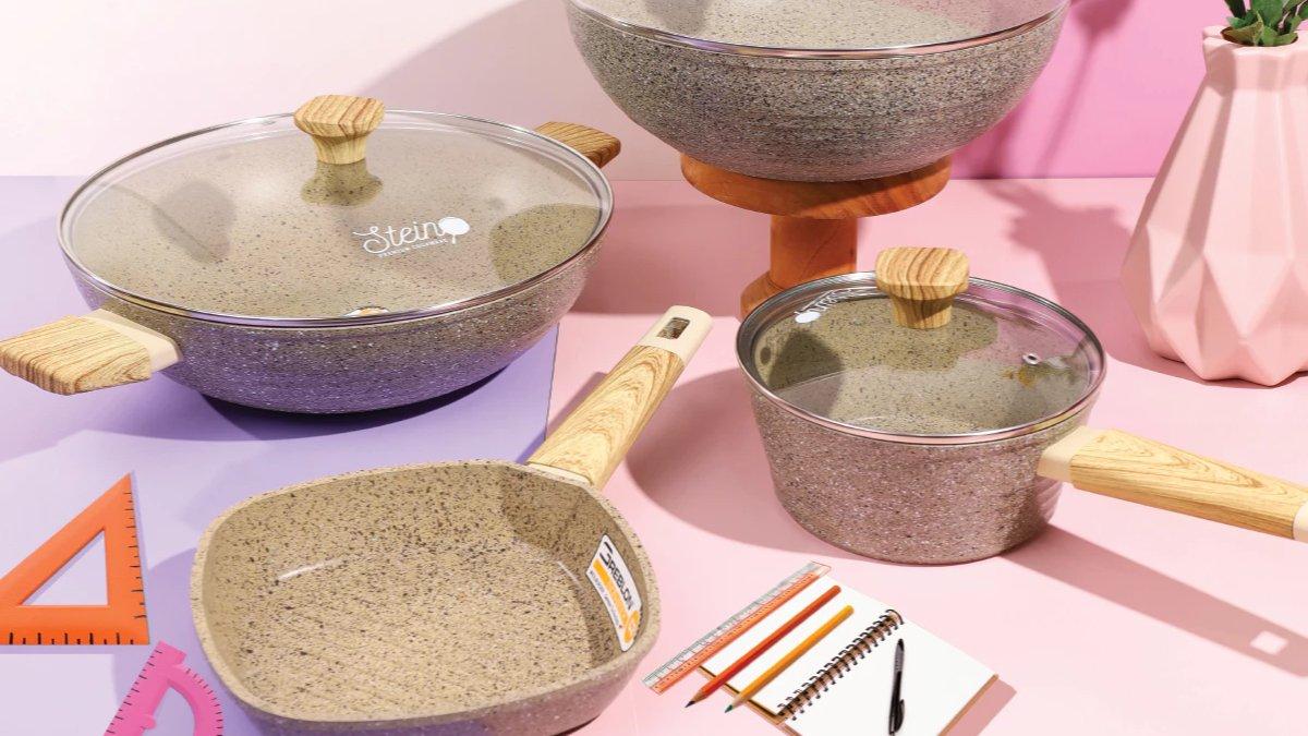 Ilustrasi berbagai peralatan masak dari STEIN Cookware yang dirancang antilengket.