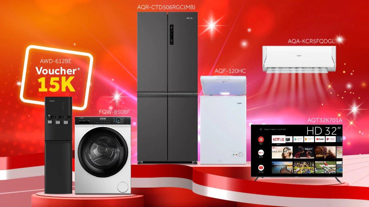 Ilustrasi berbagai produk elektronik rumah tangga dari AQUA Elektronik.