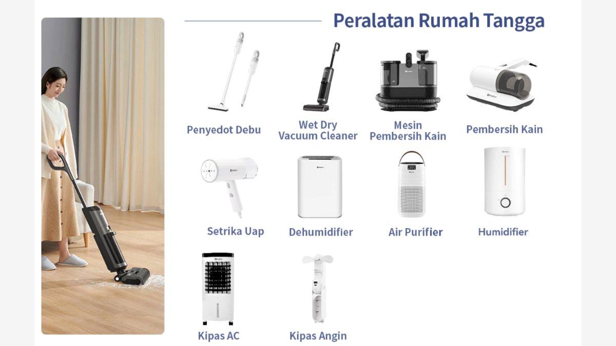 Ilustrasi berbagai produk peralatan rumah tangga dari Simplus, termasuk vacuum cleaner.