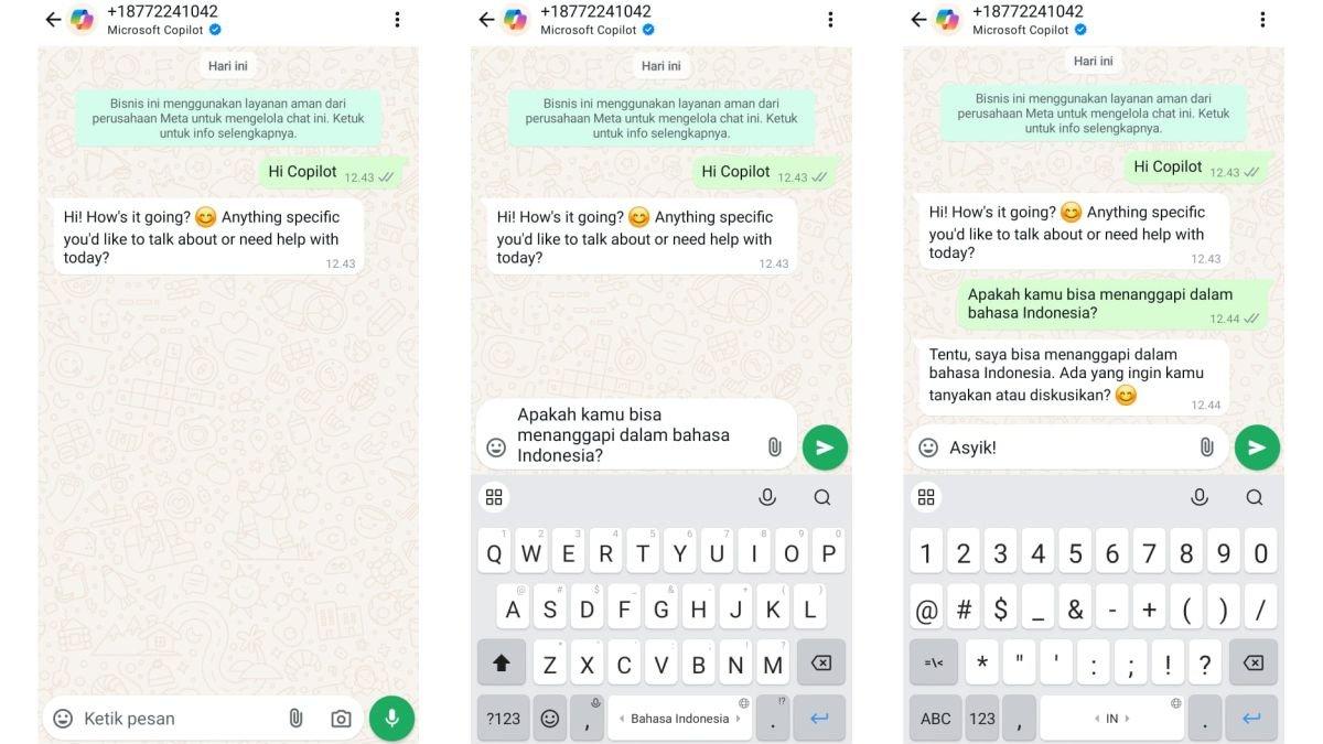 Ilustrasi cara pemakaian chatbot Copilot AI di chat WhatsApp