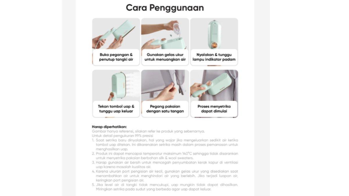Ilustrasi cara penggunaan Gaabor Setrika Uap 2in1 HM-M01A.