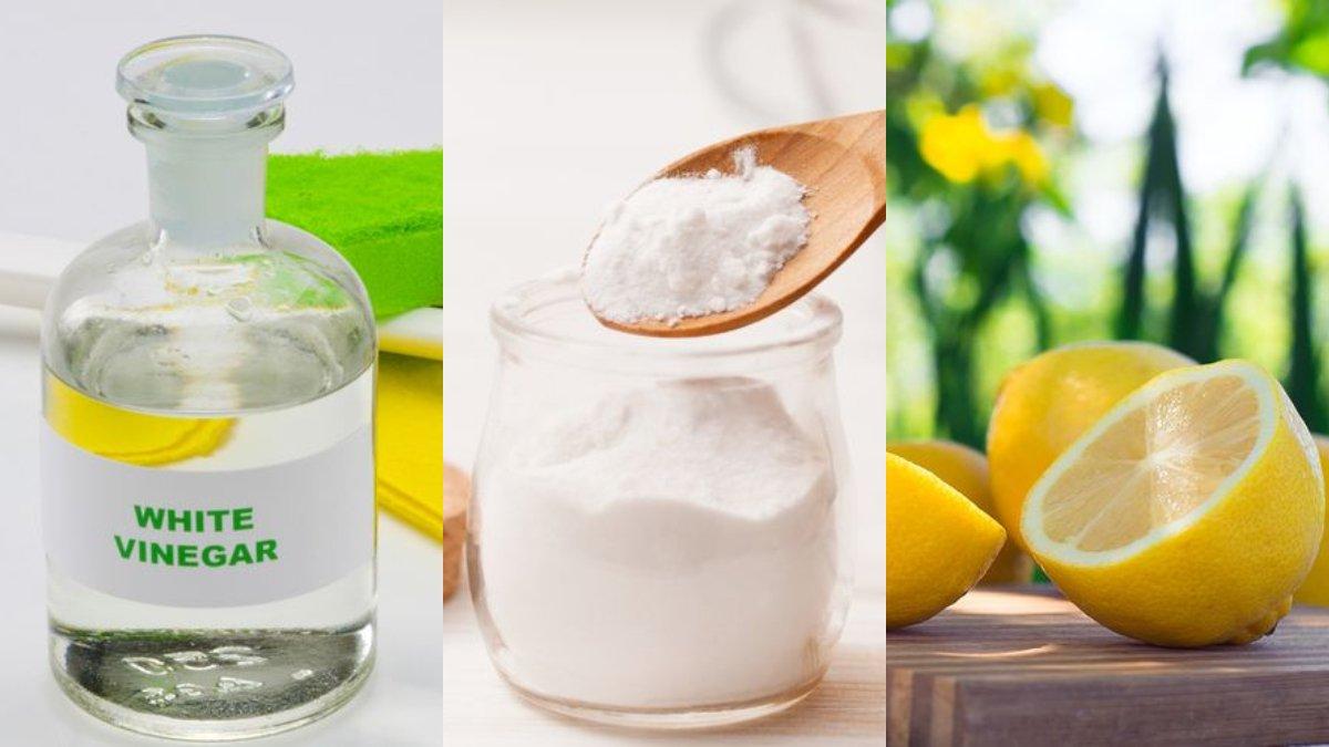 Ilustrasi cuka, baking soda dan lemon yang bisa membantu membersihkan wajan berkerak.