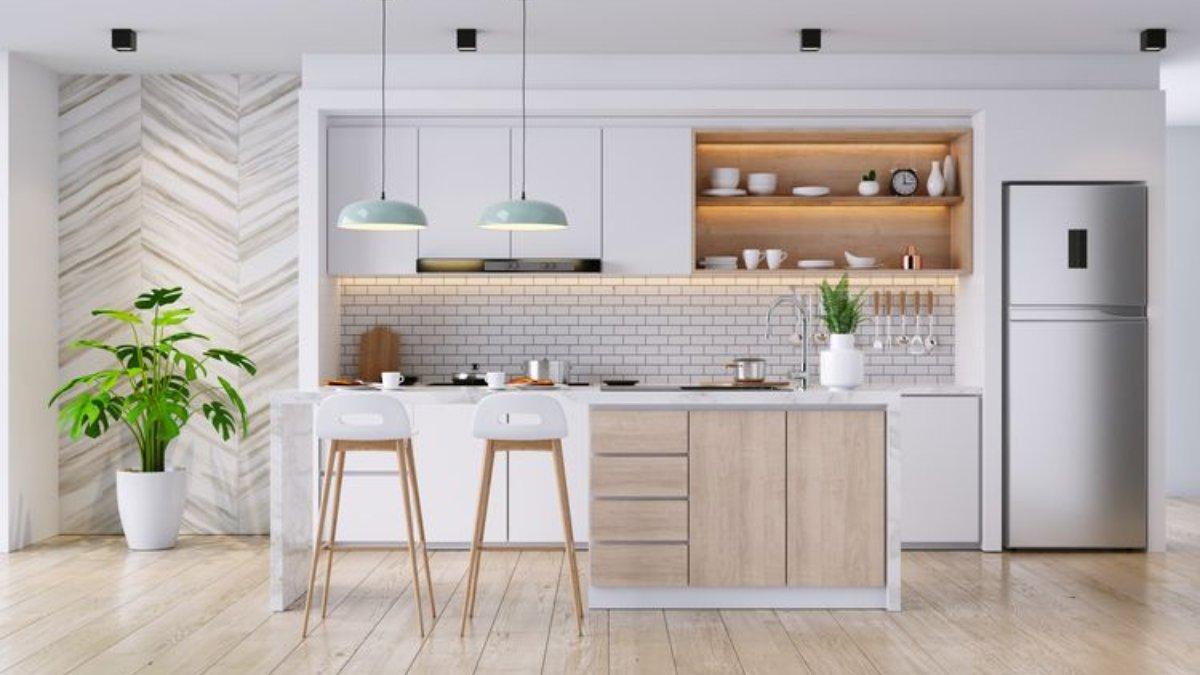 Ilustrasi dapur estetik dengan berbagai perintilan pendukung di dalamnya.