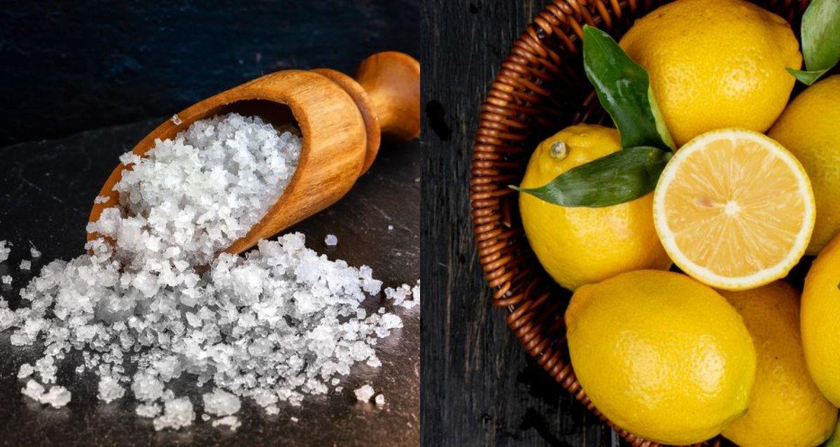 Ilustrasi lemon dan garam kasar yang bisa membantu membersihkan berbagai permukaan benda.