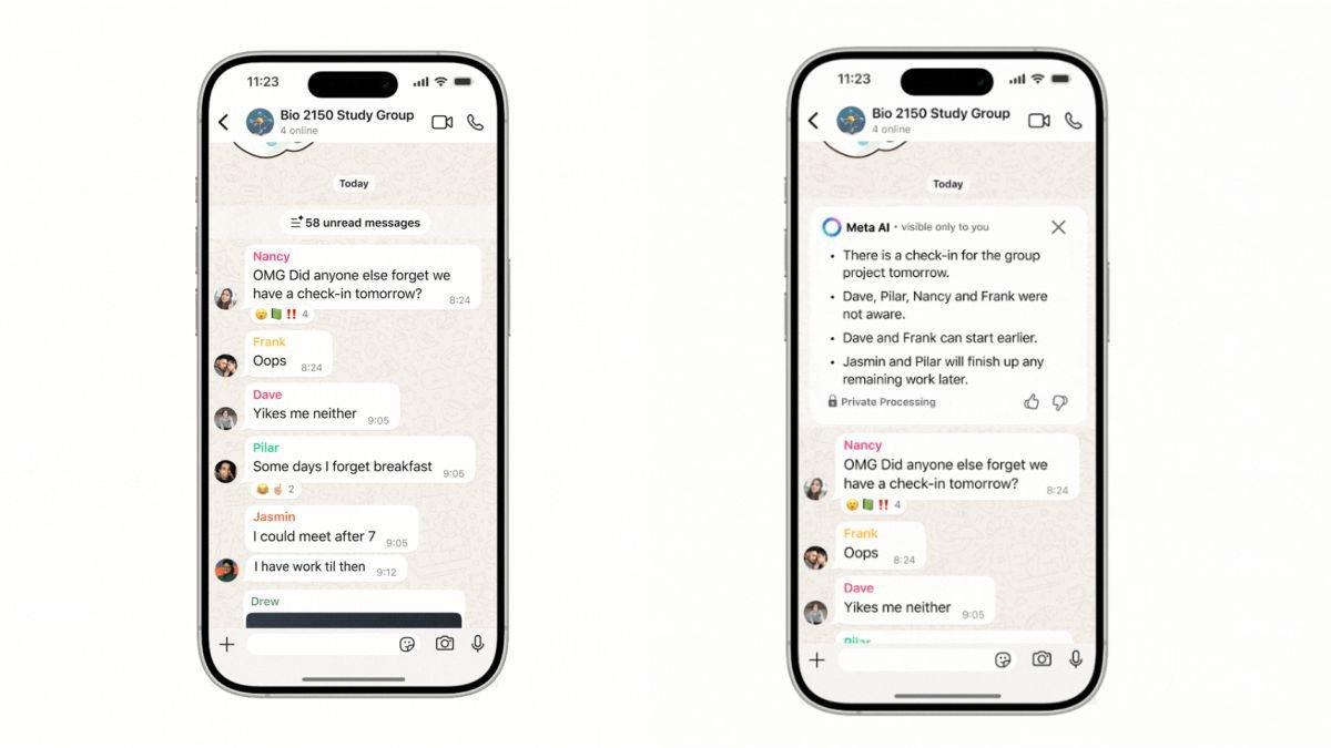 Ilustrasi pemakaian fitur Message Summaries di WhatsApp untuk membuat ringkasan pesan yang belum terbaca