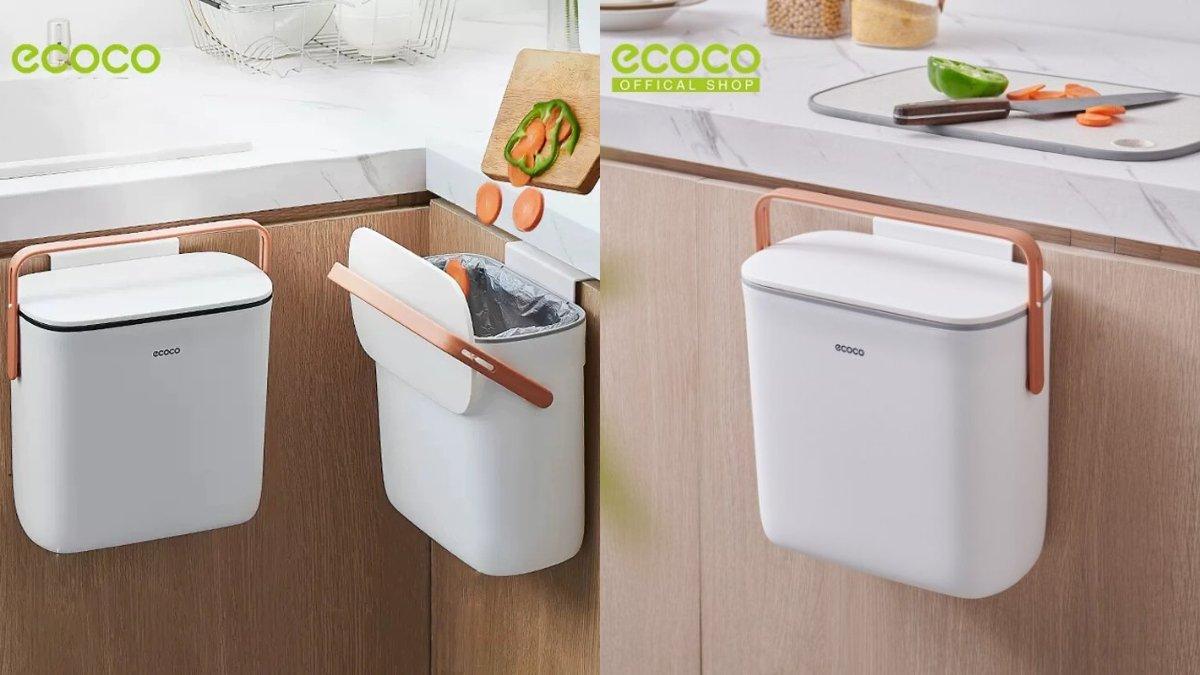 Ilustrasi penggunaan ECOCO Wall Hanging Trash Can.