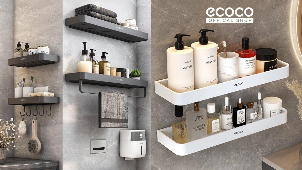 Ilustrasi penggunaan ECOCO Wall Rack - Rak Kamar Mandi berdesain nordik.